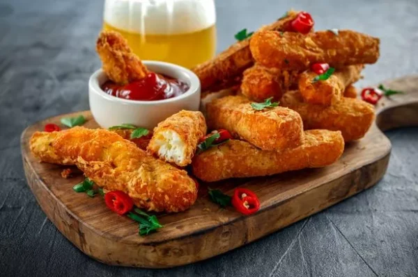 Crispy Halloumi cheese sticks Fries with Chili sauce for dipping and glass of cold beer