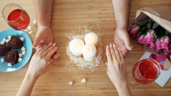 A couple’s hands reach towards each other across a table with three lit candles, glasses of red drink, a plate of heart-shaped biscuits, scattered sweethearts, pink flowers, and a greeting card.
