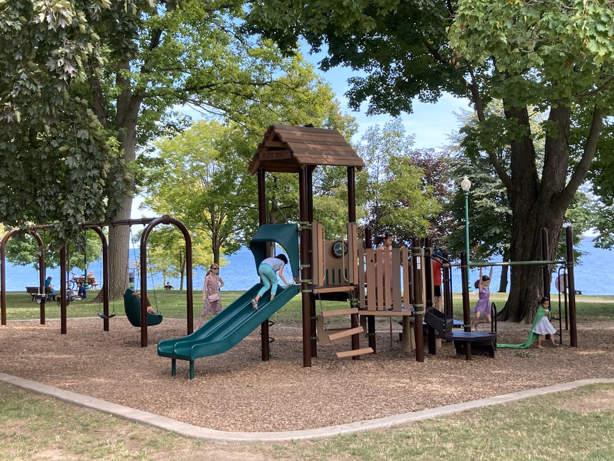Children play on a playground with slides, swings, and climbing frames surrounded by trees. In the background, adults sit at picnic tables near a lake under a clear blue sky.
