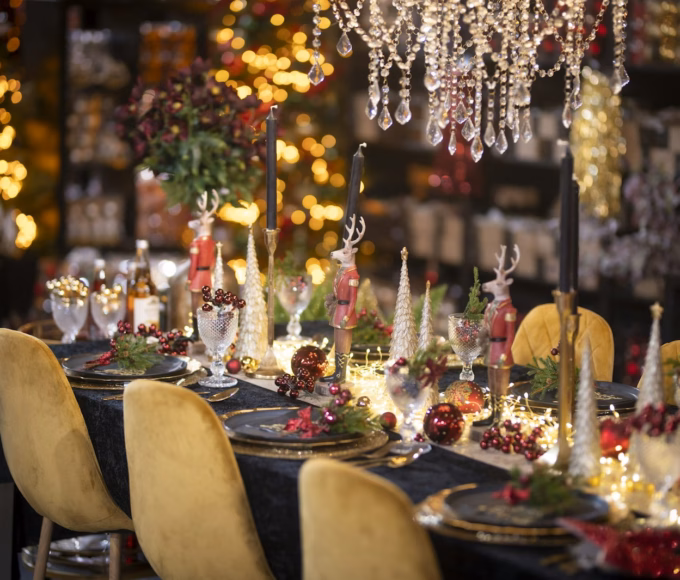 Christmas table set with candles, crystal and gold chairs