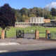 Linn Crematorium in Glasgow, seen past its gates and lawns