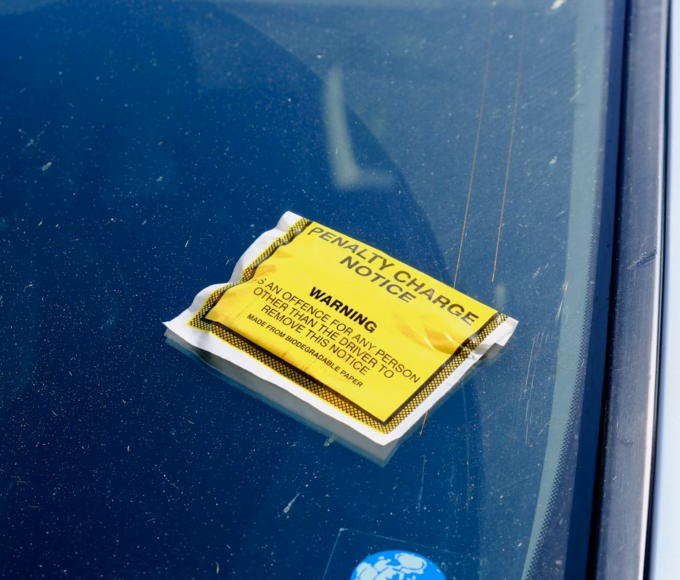 A yellow penalty charge notice stuck to a car windscreen